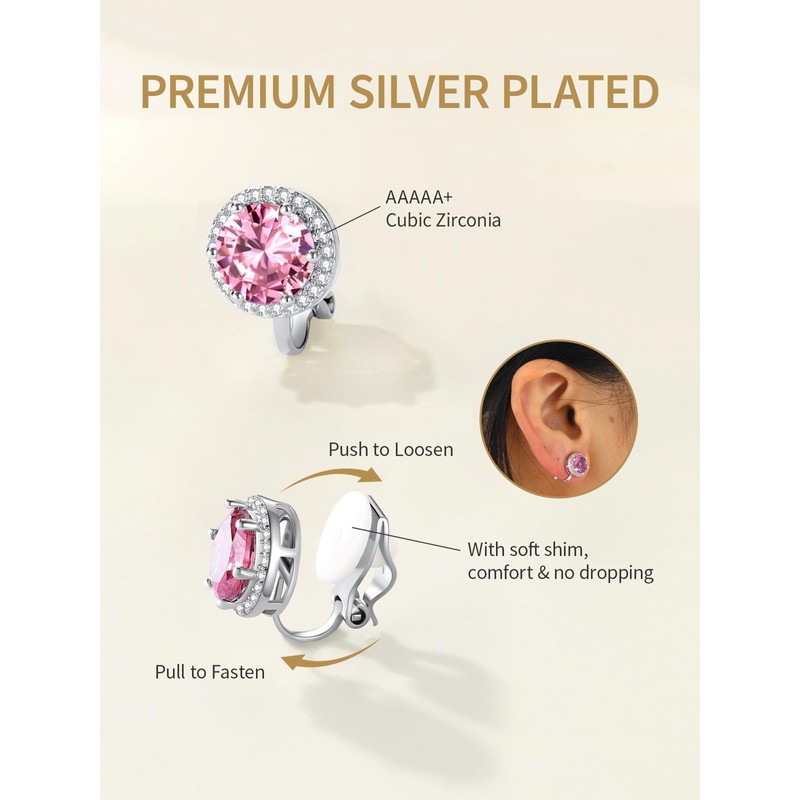 FindChic Sparkling Birthstone Clip On Earrings for Women, Silver Plated