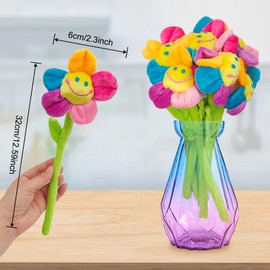 WOOPSOO 8 Pack Artificial Plush Flowers Colorful Curtain Buckle Tiebacks Cute Big Smile Face Plush Sunflower with Bendable Stems Bouquet for Home Kids Girls