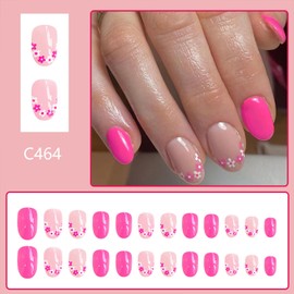 Tyuimhx Pink Press on Nails Oval Short Fake Nails With Flowers Designs Floral False Nails Glossy Full Cover Stick on Nails Acrylic Artificial Nails for Women Glue on Nails 24Pcs