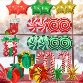 Christmas Foil Balloons Decorations, Large Christmas Candy Cane Swirl Mylar Stocking Explosion Star Gift Box Balloons, Red Green Balloons for Birthday and Candies Xmas Theme Party Decor