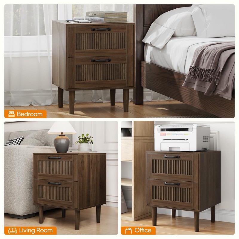 Smart FENDEE Fluted Nightstand with 2 Drawers, Bedside Table with