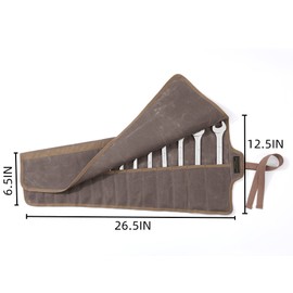 Tool Roll Up Organizer Bag, Heavy Duty 16oz Waxed Canvas Wrench Roll Up Bag With Straps, Multi-Purpose Tool Pouch (Grey)