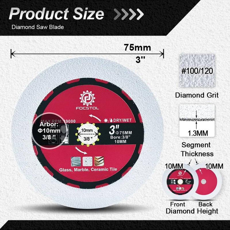 FOCSTOL Diamond Glass Cutting Disc - 3pcs 3''(75mm) Diamond Saw
