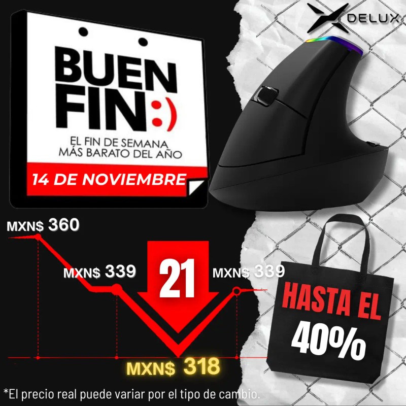 Delux Mouse Vertical Ergonómico Inalámbrico 2.4g Con 1600dpi