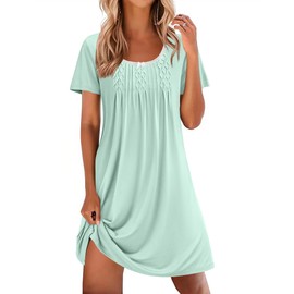 Ekouaer Nightgowns for Women Pleated Sleep Shirts Short Sleeve Night Shirts Lace Trim Night Gown Ladies Sleep Dress Light Green