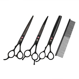 Purple Dragon 7.0" Left Handed Dog Grooming Hair Cutting Scissor &Curved &Thinning Shear with Bag - for Mancinism Pet Groomer or Family DIY (Black)