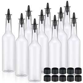 Tioncy 10 Sets 15oz Plastic Liquor Bottles with Pourers Sets 10 Plastic Long Neck Syrup Bottles with Pourer and Caps Reusable Leakproof for Home Party Bar(Black)