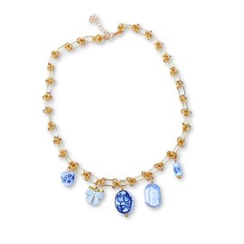 Vintage Chinoiserie Charm Necklace, Gold Plated Paperclip Chain, Blue and White Ceramic Charms, 15.75 inches