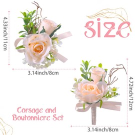 Campsis Wrist Corsage and Boutonniere Set Rose Corsage Wristlet Wedding Boutonniere for Men (White-A)