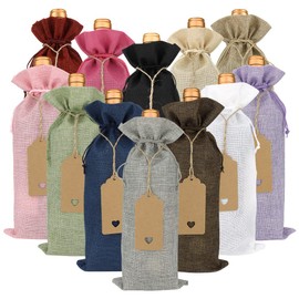 FASOTY Burlap Wine Bags for Wine Bottles Gifts, 12 Pcs Reusable Wine Bottle Bags with Drawstring, Gift Tags & Ropes, Wine Bottle Covers, Wine Gift Bags for Wedding, Birthday, Party, Home Storage
