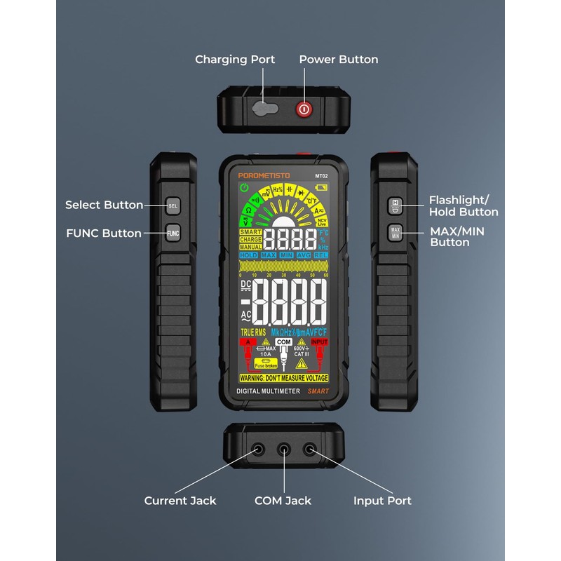 Smart Digital Multimeter Tester,Rechargeable Auto Ranging Multi Tester,6000 Counts TRMS
