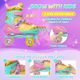 Nattork Kids Roller Skates for Girls Boys Kids, 4 Sizes Adjustable Girls Roller Skates for Ages 3-12 with Light up Wheels & Safety Protection - Cool Birthday Gift for Indoor Outdoor Sports