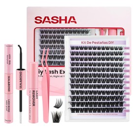 SASHA Kit de Pestañas Postizas DIY, 144 Pestañas Individuales Racimos, con Longitud de 9-18mm, Curvatura Tipo D, Grosor de 0.07mm，Incluye 4 en 1 Herramienta Lash Bond y Seal y Remover y Pinzas