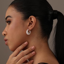 LeCalla 925 Sterling Silver Chunky Hoop Earrings for Women | Small Minimalist Shrimp Texture Hoop Earring | Women's Click-Top Earrings Hoops 22MM