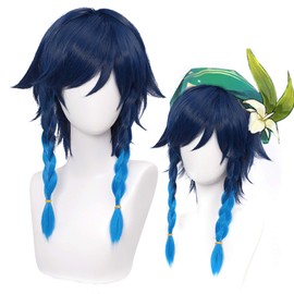 Amback Venti Cosplay Wig Ombre Blue Braid Wig for Game Cosplay Gradient Party Wigs (Venti-Blue Gradient)