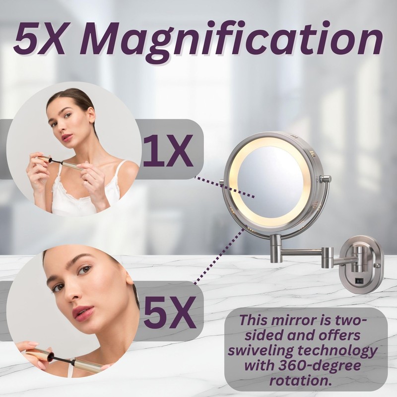 JERDON Wall-Mounted Makeup Mirror with 5X Magnification - Nickel Makeup
