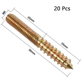 TOP-VIGOR 20Pcs M6x50mm Hanger Bolts, Double Headed Bolts Self Tapping Screw, Double Ended Dowel Screws, Screw Dowels Hanger, Threaded Lag Wood Screws and Machine Bolts for Wood Joint Furniture
