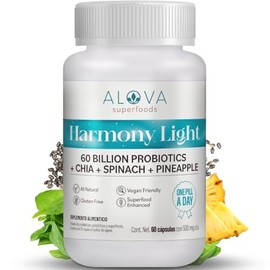 Alova  Probioticos 60 Billones Veganos, 10 Cepas, Inulina de Agave  Superfoods, Sin Azcar, Gluten Free, Harmony Light, 60 Cpsulas                     