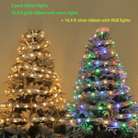 Christmas Tree Decoration Ribbons - 32ft (2 Pcak 16ft) Outdoor Christmas Decorations Garden Bedroom Party Decor Indoor DIY Christmas Tree Ornaments Xmas Door Window Wall Gift Ribbon Light Yellow