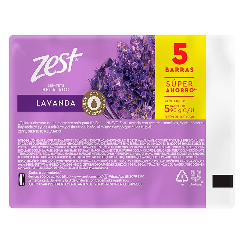 Jabón Zest Lavanda paquete 5 barras de 90g c/u