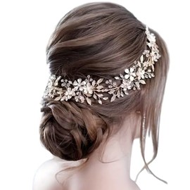 Abc Style Diadema Novia Dorada Flores para Pelo Fiesta Mujeres y Niñas Comodo de Llevar Ajustable Perlas de Lujo