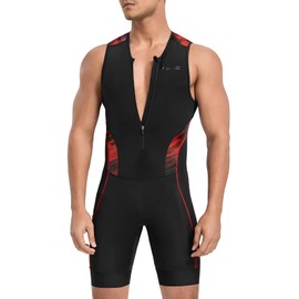 Santic Men's Triathlon Suit Sleeveless Skinsuit Padded Quick-Dry Swim Bike Run with Pockets,Black/red,M