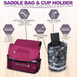 AlveyTech Cup Holder & Saddle Bag for Mobility Scooter Power Chair Wheelchair (Camo/Berry)