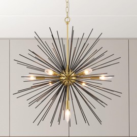 Maxax Sputnik Chandelier, 7 Lights Satellite Pendant Light fixtures, 25.6'' Modern Starburst Firework Metal Ceiling Light for Dining Room, Bedroom, Kitchen, Hallway, Entryway, Black and Gold, E12