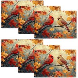 Fall Cardinal Placemats Set of 6, 12x18 Inch Atumun Maple Leaves Table Place Mat Seasonal Leaf Washable Non-Slip Heat Resistant Fabric Placement Mats for Party Dining Kitchen Indoor Outdoor Decor
