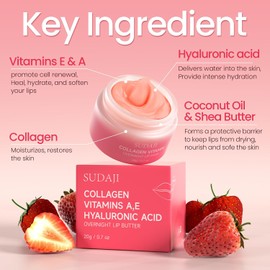 Mascarilla labial, bálsamo labial hidratante de colágeno, manteca labial hidratante nocturna con ácido hialurónico y aloe vera