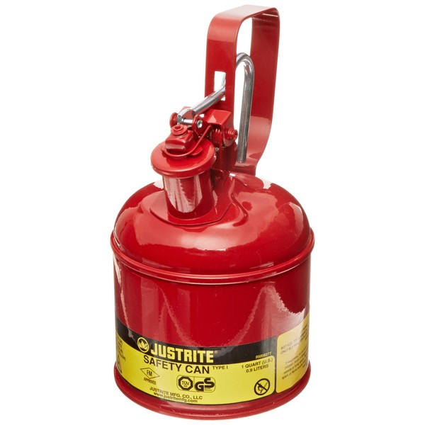 Justrite 10101 Type I Steel Flammables Safety Can, 1L Capacity, Red