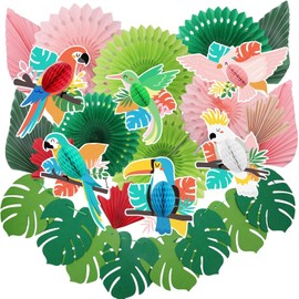 CoKeeSun Hawaii Decoration Set, Jungle Decoration Garland, Birthday Paper, Tropical Palm Leaves, Tropical Parrot for Summer Decoration, Hawaii Decoration, Jungle Decoration, Pack of 21