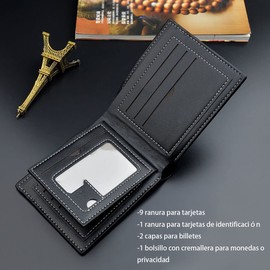 Cartera para Hombre - Billeteras para Hombre Piel con Cremallera, 9 Ranuras para Tarjetas, Ventana para el DNI, Billetera Doble, Carteras para Caballero con Monedero RFID (Negro)