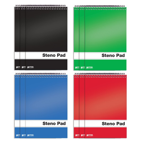 Better Office Products Spiral Steno Pads, 12 Pack, 6 x 9 inches, 80 Sheets, White Paper, Gregg Rule, Assorted Solid Colors (Red, Black, Blue, Green), 12 Steno Notebooks
