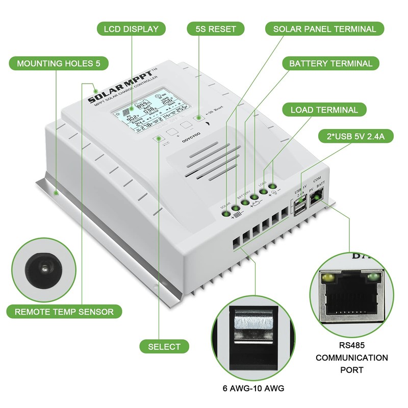 OOYCYOO MPPT Charge Controller 60 amp 12V/24V Auto, 60A Solar