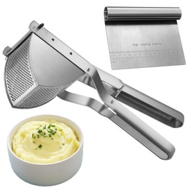 Stainless Steel Potato Ricer with Dough Scraper - Masher for Mashed Potatoes, Gnocchi & Fruit - Dishwasher Safe