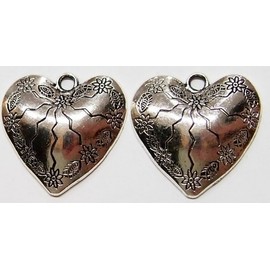6 Vintage Antique Silver Plated Large Flower Scroll Heart Pendants 31x31x6mm