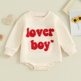 Baby Boy Girl Valentines Outfit Mama's Little Love Sweatshirt Romper Oversized Long Sleeve Bubble Onesie Clothes (Beige Lover Boy, 6-12 Months)