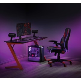 OSP Home Furnishings Beta Battlestation Gaming Desk with Bluetooth RGB LED Lights, Matte Red