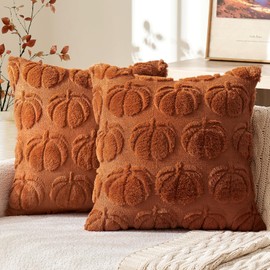 MIULEE Fall Throw Pillow Covers 20 x 20 Decorative Pumpkin Pattern Pillow Covers Soft Plush Faux Wool Couch Pillow Covers for Home, Set of 2,Dark Rust