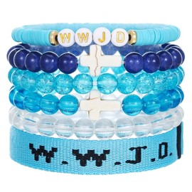 MMIUAEG 6PCS WWJD Adjustable Bracelet Set for Women Men Hand-Woven Inspirational Christian Cross Bracelet Crystal Beaded Wristbands Stackable Bracelets-blue