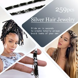 259pcs Silver Hair Jewelry for Braids 19styles Hair Charms Accessories