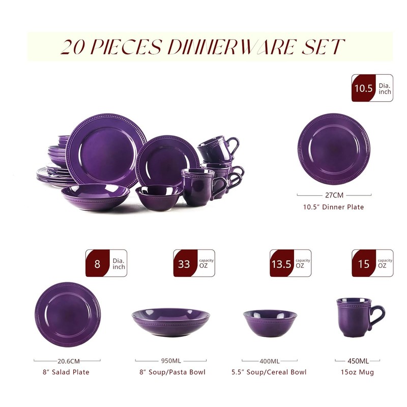 HomeVss, Pearl Dots Stoneware Dinnerware Set (20pc Set, Purple)