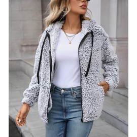 Vipwest Womens Oversized Polar Fleece Jackets Winter Plain Casual Cozy Medium Length Coats Outerwear with Pockets (Furry Grey, 4X-Large)