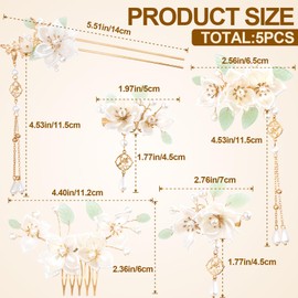 VARMDUKKE 5pcs Camellia Flower Tassel Hair Pins, Vintage Chinese Rhinestones Pearl Hair Sticks, Floral Bun Updo Hair Comb Clip, Bridal Headpiece for Women Wedding, Parties - White