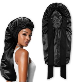 NICECONE Long Satin Bonnet for Women, Large Silky Hair Bonnet with Tie Band Adjustable Straps Jumbo Size Hair Sleeping Cap for Long Braid Curly Hair No Slip-Off (Black)