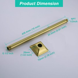 SEABEFORE 16" Ceiling Mounted Shower Arm Brushed Gold Shower Head Extension with Unique Matching Escutcheon, Standard 1/2" Connection