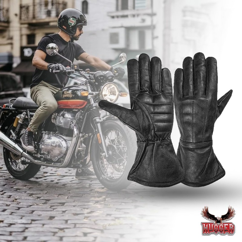 Hugger Men's Lined Gauntlet Water Resistant Leather Motorcycle Riding Gloves