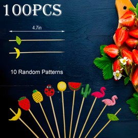 Hawaiian Themed Cocktail Picks Decorative Toothpicks for Appetizers,Drinks, Fruit,Flamingo Pineapple Cactus fancy toothpicks for Thanksgiving Day and Christmas Party.