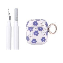 Reownest AirPods Case 2nd/1st Generation with Cleaning Kit, Cute Transparent Floral Floral Pattern Shockproof with Keychain for AirPods 2/1 - Blue